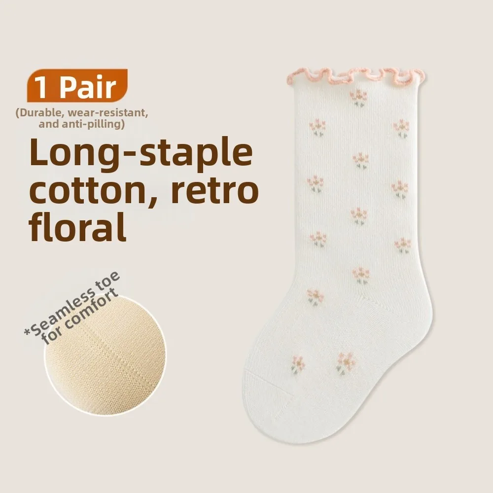 2 Pairs Soft Cotton Baby Fall Socks Ruffle Trim Small Flowers Pattern Girls Mid-calf Socks Breathable Princess Socks Daily Wear