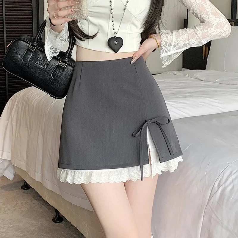 달콤한 리본 레이스업 여성 미니 스커트 한국 우아한 레이스 디자인 A라인 스커트 스타일리시 하이웨이스트 슬림 여성 슬릿 스커트