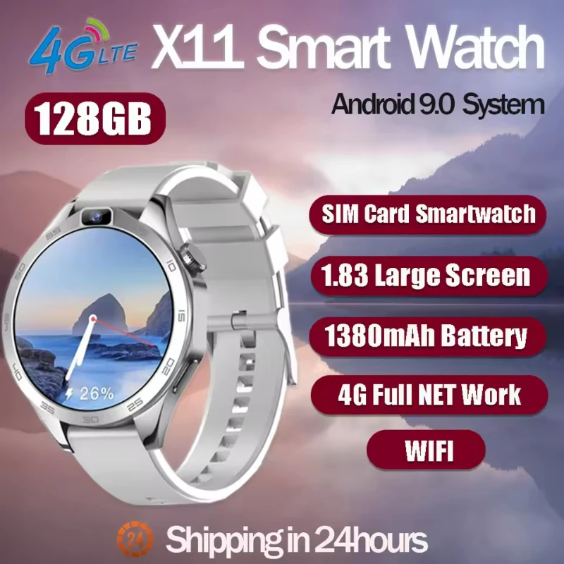 

NEW X11 Smart Watch 1.85'' Large Screen Android 9 4G Sim Card 128GB ROM Dual Camera GPS WIFI IP67 Waterproof Smartwatch Men