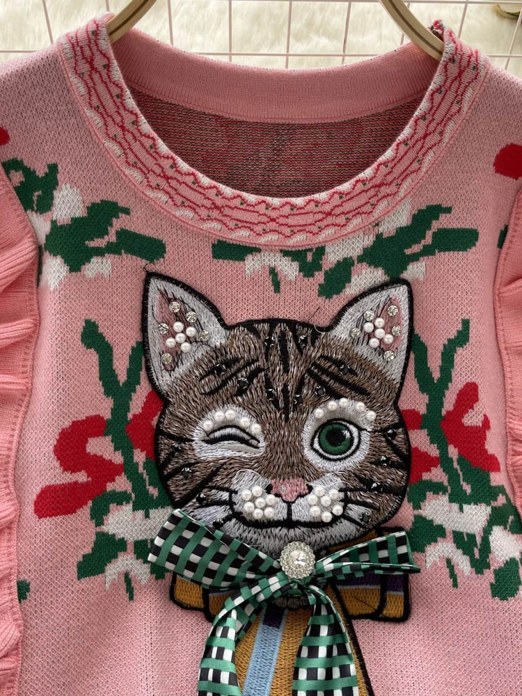 American Vintage Harajuku Sweater Women\'s Autumn Winter New Diamonds Cat Bow Embroidery Cartoon Pullover Fashion Commuter Top