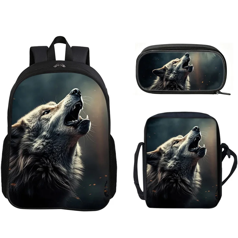 Wolf 3Pcs Set Backpack for Kids Boys Girls Students School Bag Withshoulder Bag Pencil Case Lightweight Large Capacity