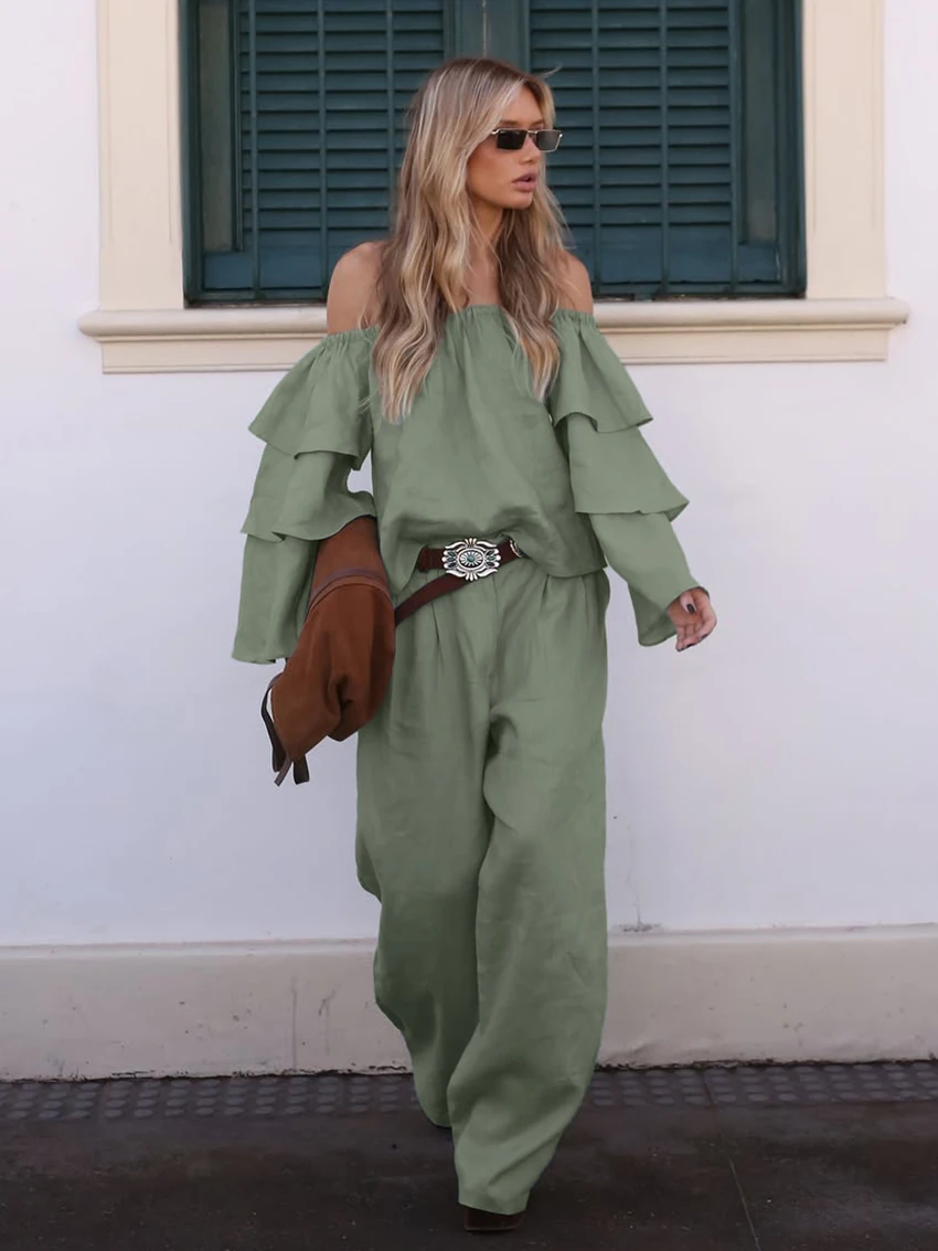 

Marthaqiqi Casual Female Nightwear 2 Piece Set Long Sleeve Sleepwear Sexy Slash Neck Nightgown Pants Winter Women's Pajamas Suit