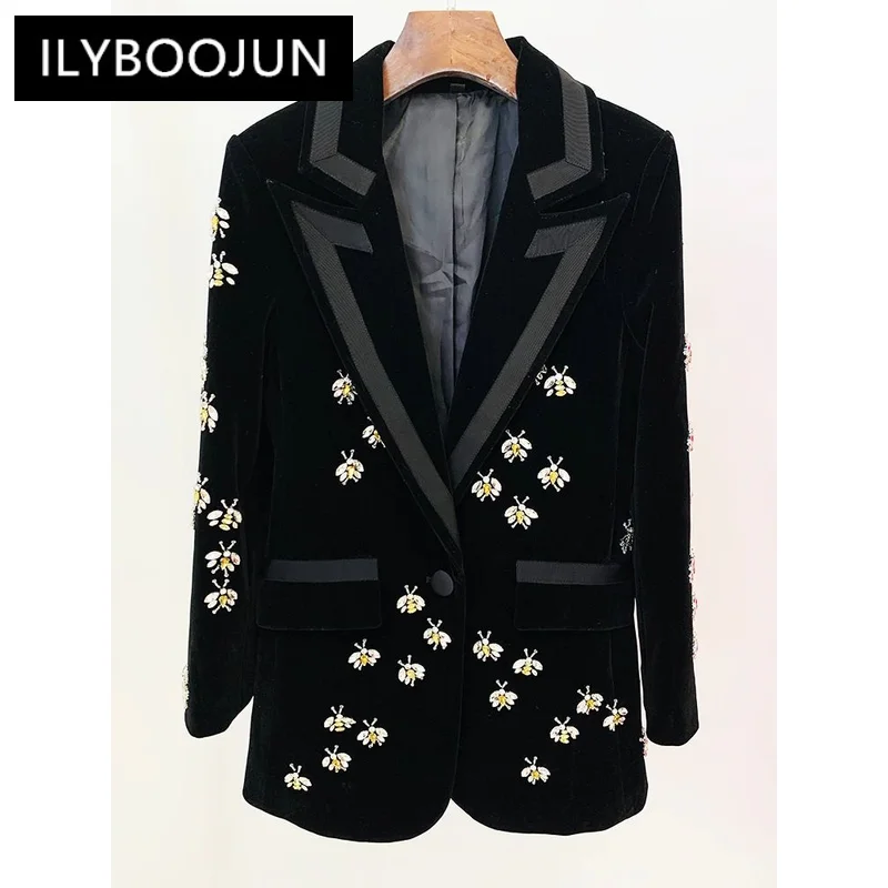 

HIGH STREET Newest 2024 F/W Designer Jacket Women's Single Button Stunning Rhinestone Diamonds Beaded Bee Velvet Long Blazer