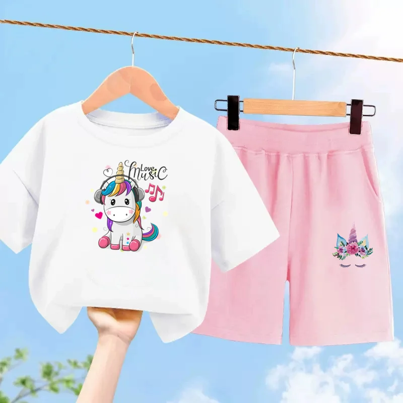 3-14T Baby Girls Summer Set Unicorn Cute T-shirt Cotton Shorts 2-piece Outfit Childrens Fashion Clothing