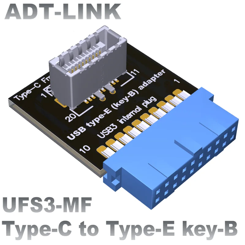 

New Type C USB Front Panel Socket USB 3.0 19PIN to TYPE-E 20Pin Header Key-B Extension Adapter Internal Plugs for PC Motherboard