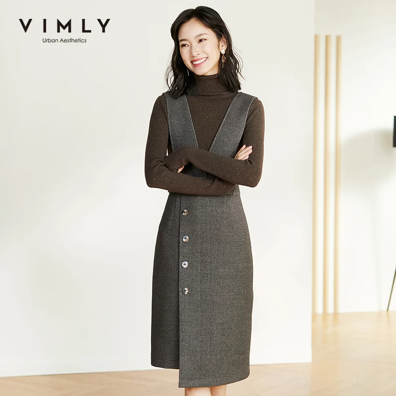 Vimly Winter Dresses For Women Fashion Solid High Wasit Sleeveless Buttons Strap Dress Elegant Female Knee-Length Vestidos F3871