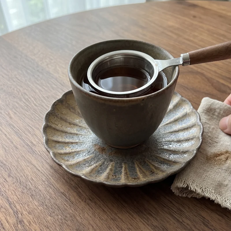 Handmade Ceramic Coaster, Wabi Sabi Style Scalloped Cup Saucer, Vintage Rustic Pottery Teacup Tray For Tea Coffee Table Decor
