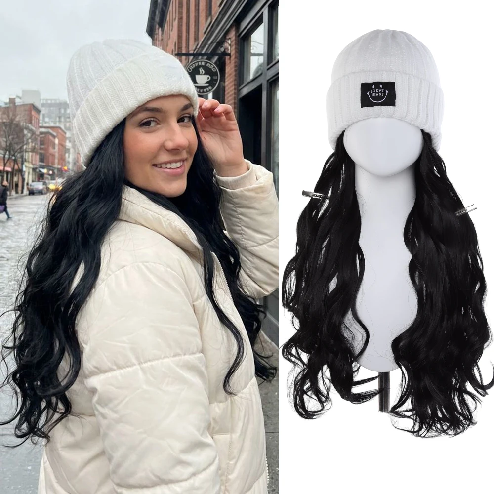 Winter Warm White Knit Hat Wig with 18 Inch Long Wavy Curly Hair Extensions Synthetic Hairpiece for Women And Girls