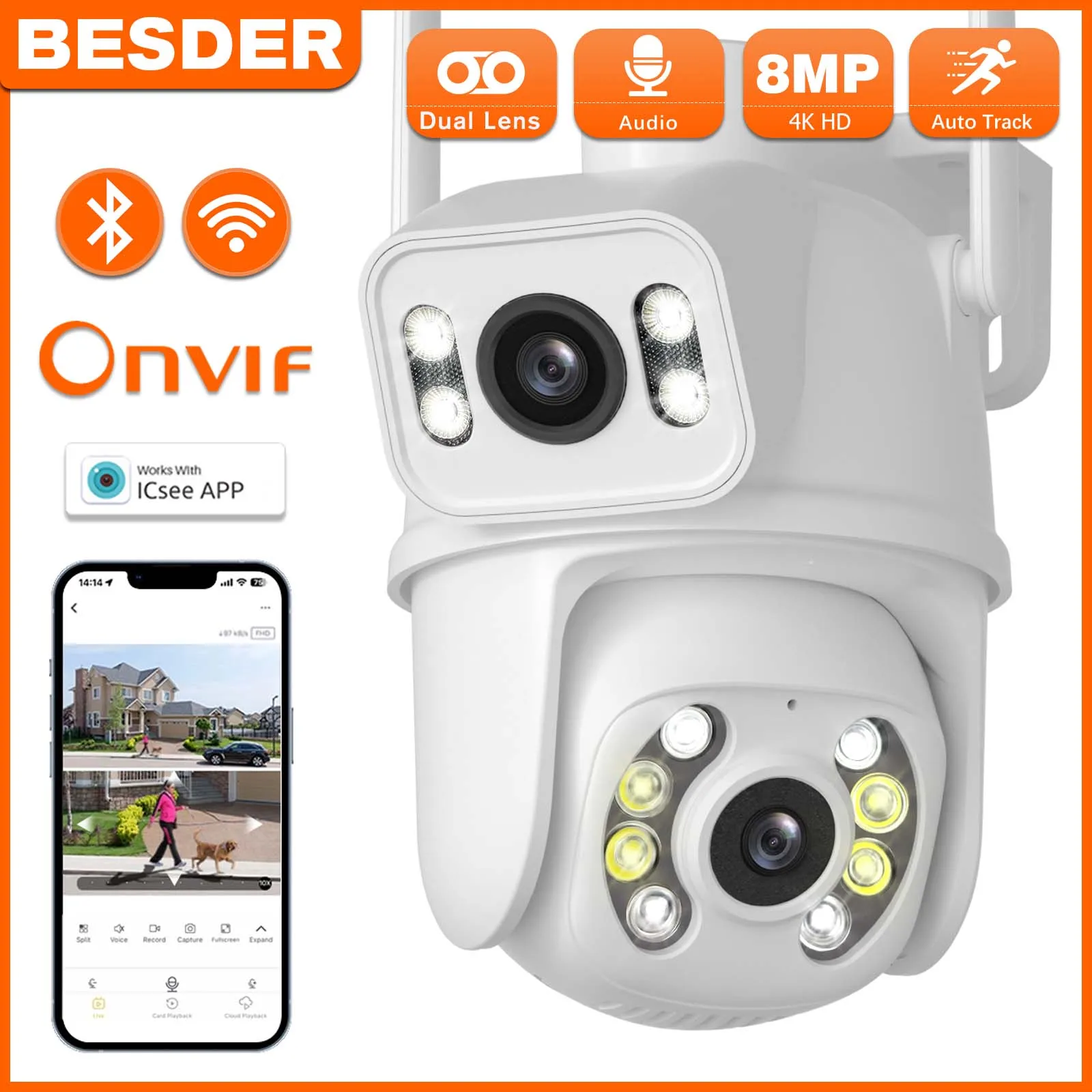 BESDER 8MP 4K PTZ Wifi Camera Dual Lens with Dual Screen Ai Human Detect Wireless Outdoor Surveillance CCTV Camera iCSee App