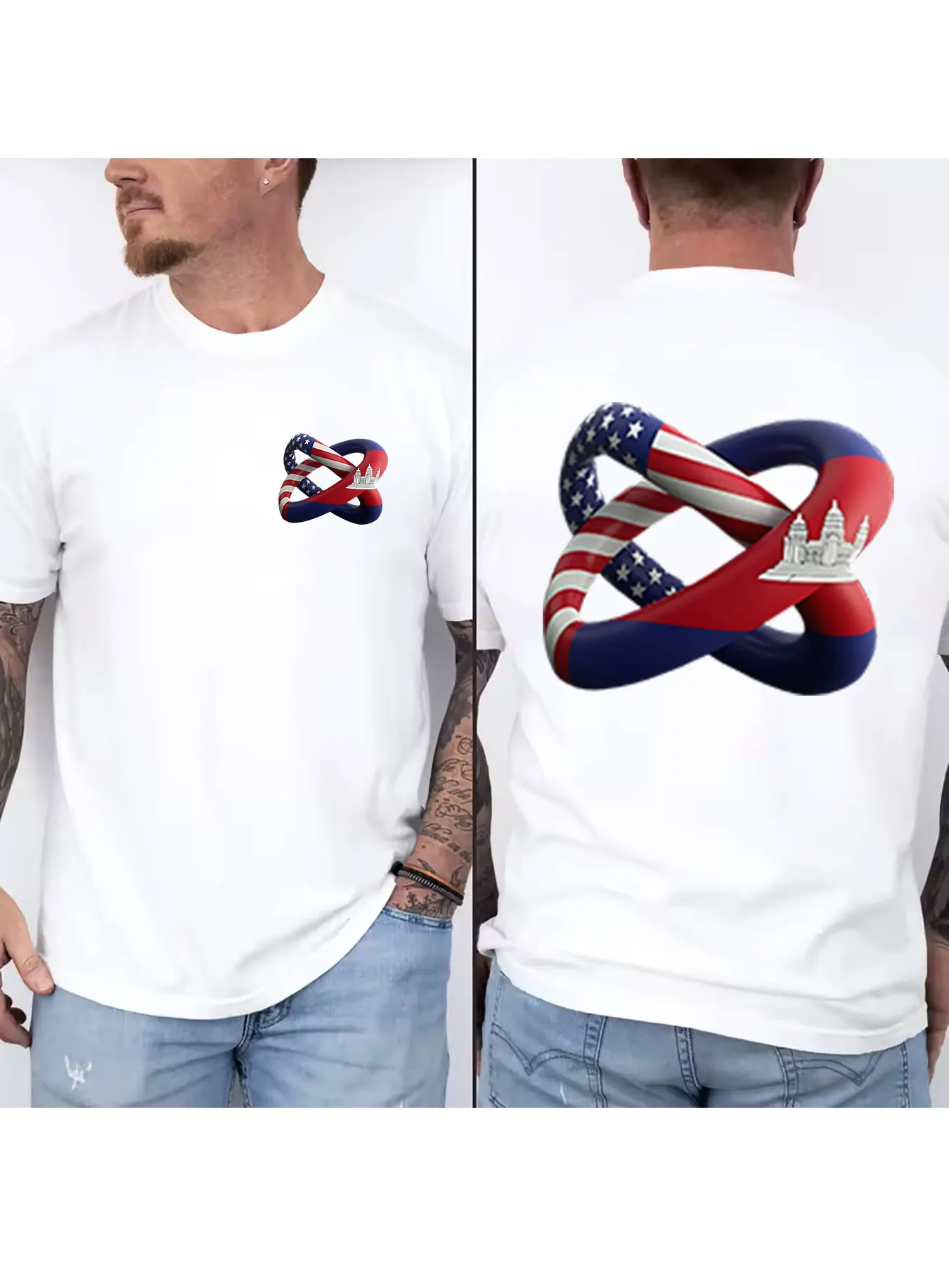 Men's Cotton T-Shirt with Intertwined US and Cambodia Flag Infinity Knot Design, Breathable Casual Short Sleeve Tee for Daily We