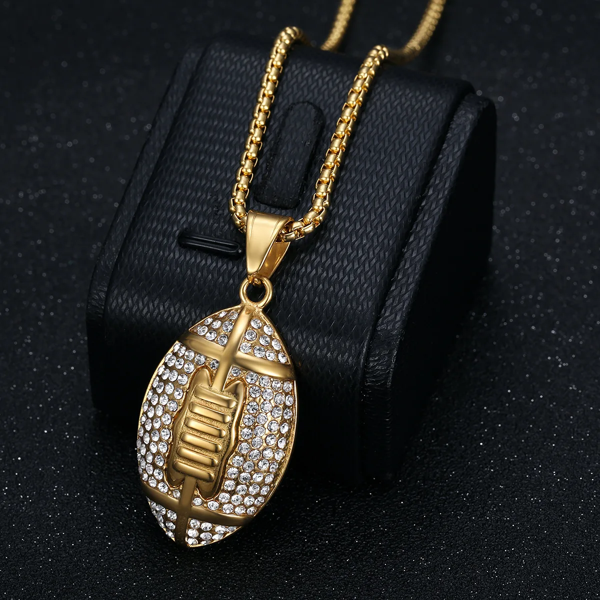

Besiko Hip Hop 18K Gold Plated American Football Pendant Necklace Zircon Iced Out Stainless Steel Jewelry for Men Gift collares