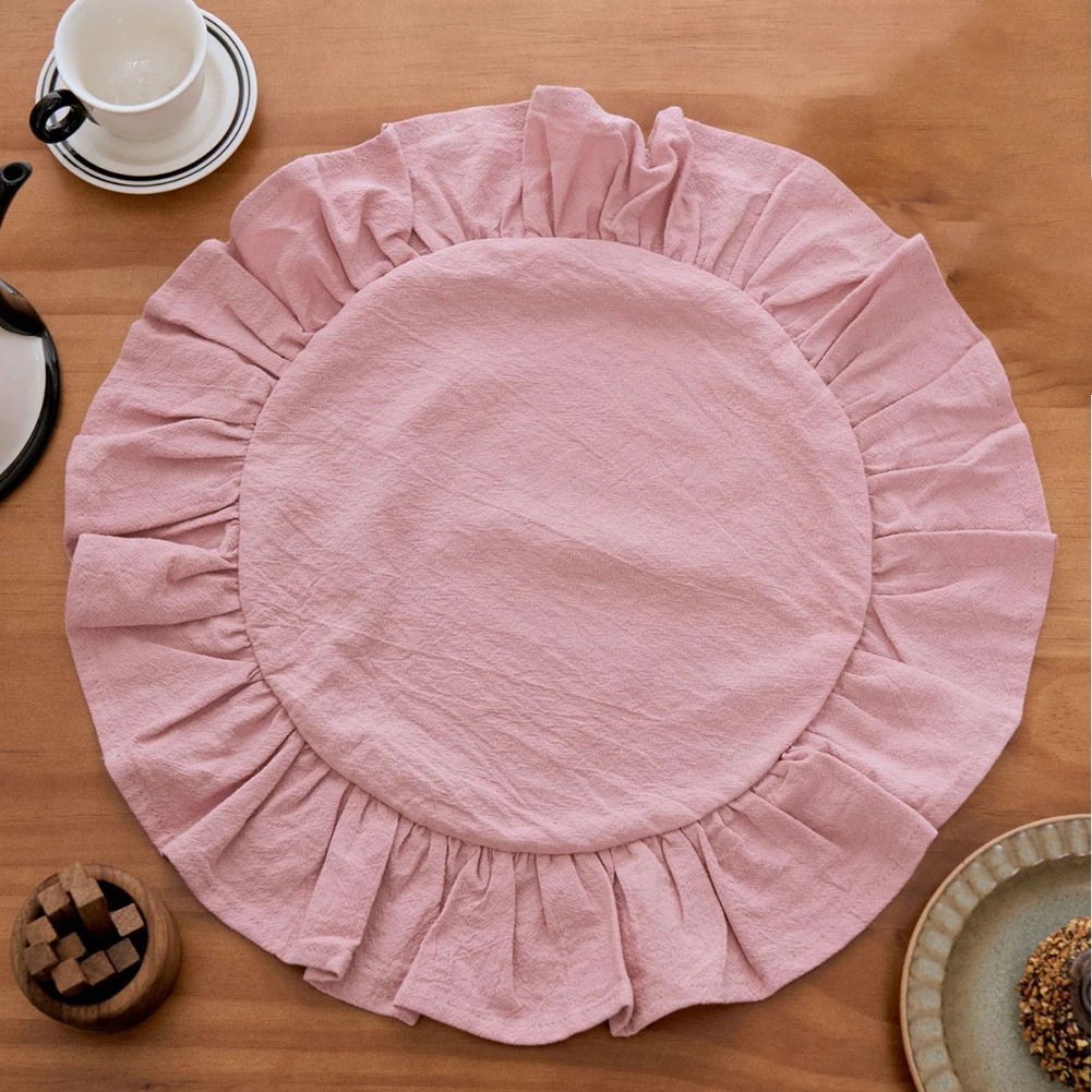 4 Piece Round Placemat Set 15x15 Inch Scalloped Ruffle Edge Table Mats for Home For Kitchen Dining Room Polyester Cotton