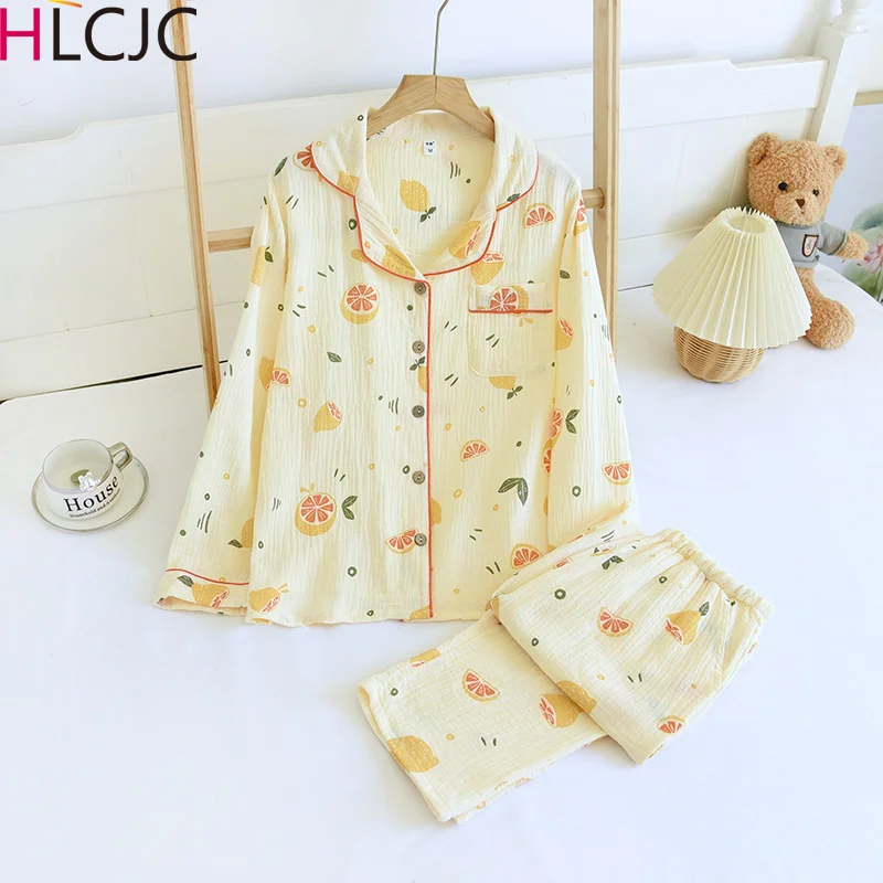 100% Cotton Crepe Women's Pajamas Two-piece Set Women's Long Sleeved Pajamas Set Fresh Lemon Printed Pijamas Women's Home Wear