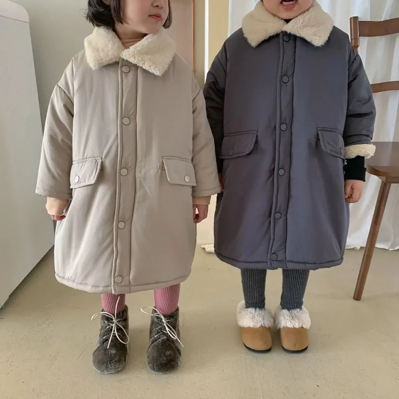 

Children Cotton Padded Coats Solid Color Thicken Warm Parkas Imitation Rabbit Hair Kids Long Outerwear Korean Style New Winter