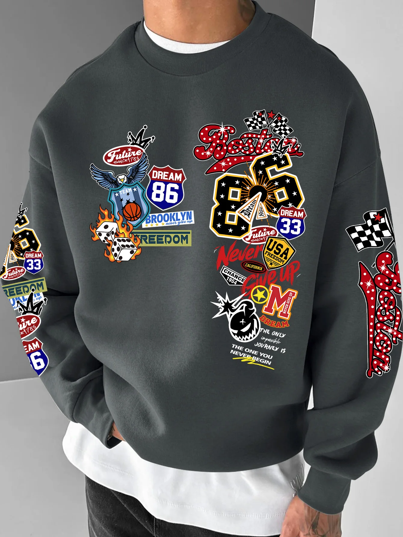 Modisches Sweatshirt für Damen und Herren, Boston-Graffiti-Collage-Print, amerikanischer Retro-Racing-Street-Style, Oversized, S-XXL – Detail 6