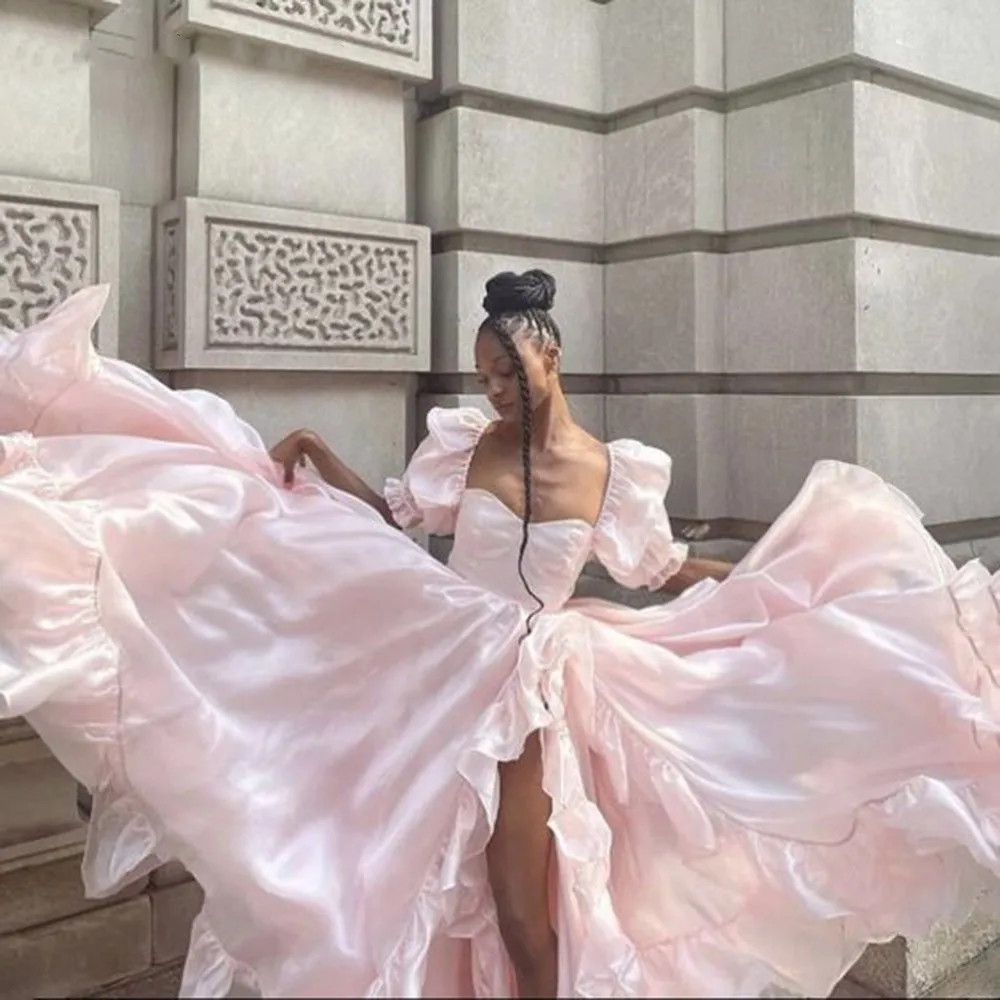 Vestido de graduación de manga esponjosa rosa para adultos, vestido de ceremonia elegante para mujer, vestido de graduación plisado asimétrico de princesa de línea a con cuello cuadrado