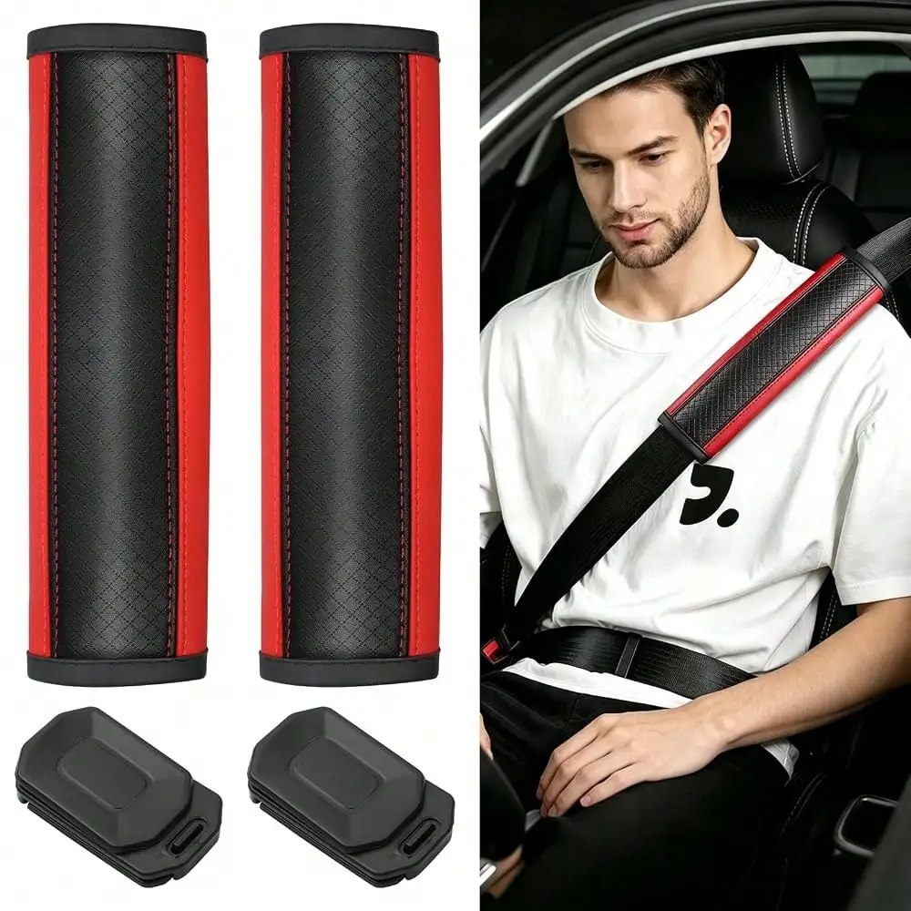 2Pcs Seatbelt Shoulder Pads & 2Pcs Seat Belt Positioner Clips, Leather Cushion For Neck Shoulder Relief, Anti-Slip Universal Fit For Most Cars Trucks