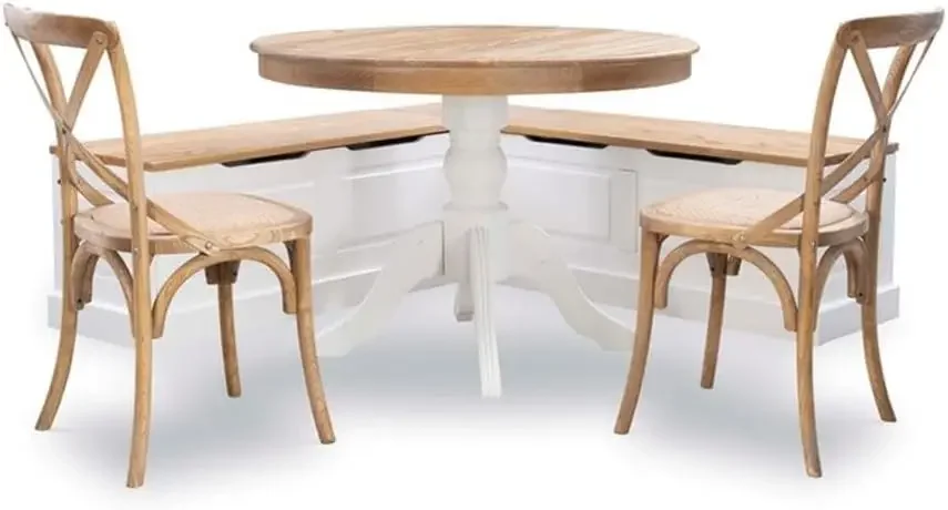 Backless Wood Corner Kitchen Breakfast Nook Bench, with Hidden Storage, in White & Natural Finish