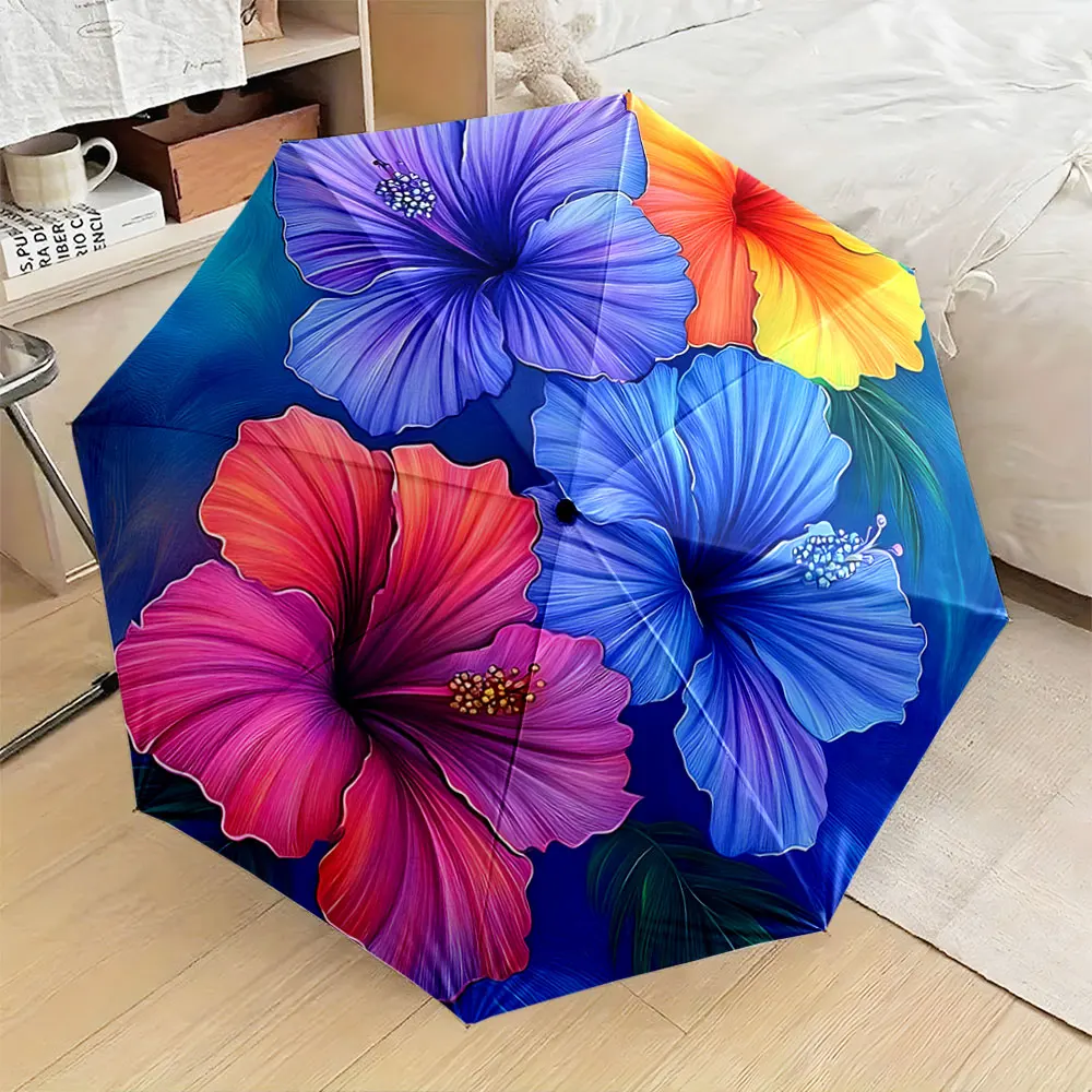 1PC Vibrant floral umbrella with vivid hibiscus design Print 8 Iron Ribs Folding Umbrella Auto-Open Fashion Sunshade