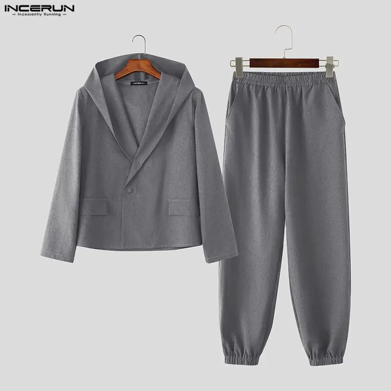 INCERUN Men Sets Solid Color Long Sleeve Hooded Blazer & Pants Two Pieces Sets Elegant Streetwear Fashion Men Casual Suits S-5XL