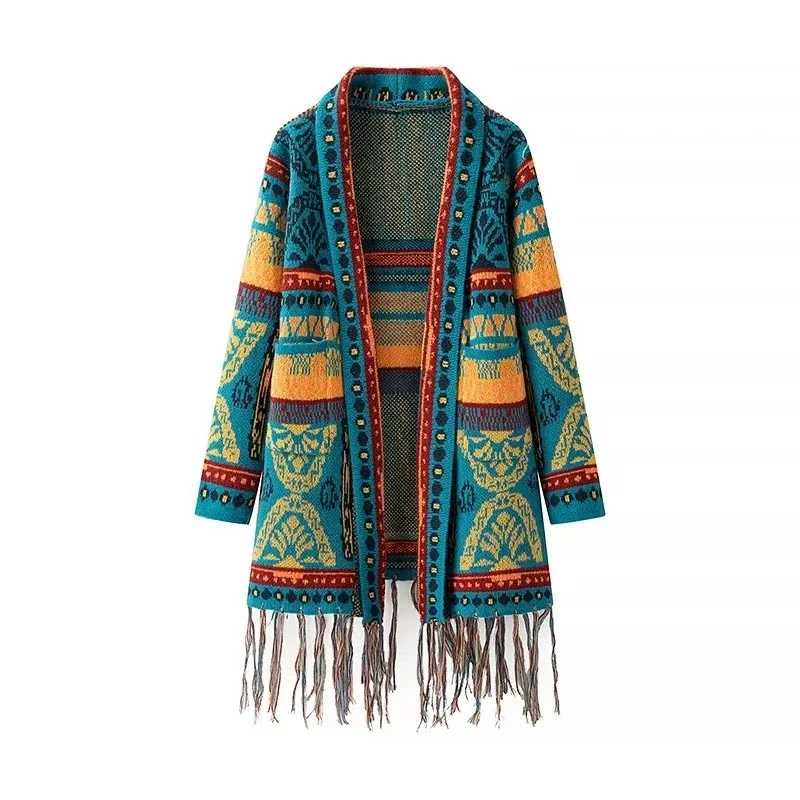 

Striped Tassel Knitted kimono Cardigan Spring WeHello New Style Ethnic Style Mid Length Cardigan Shawl
