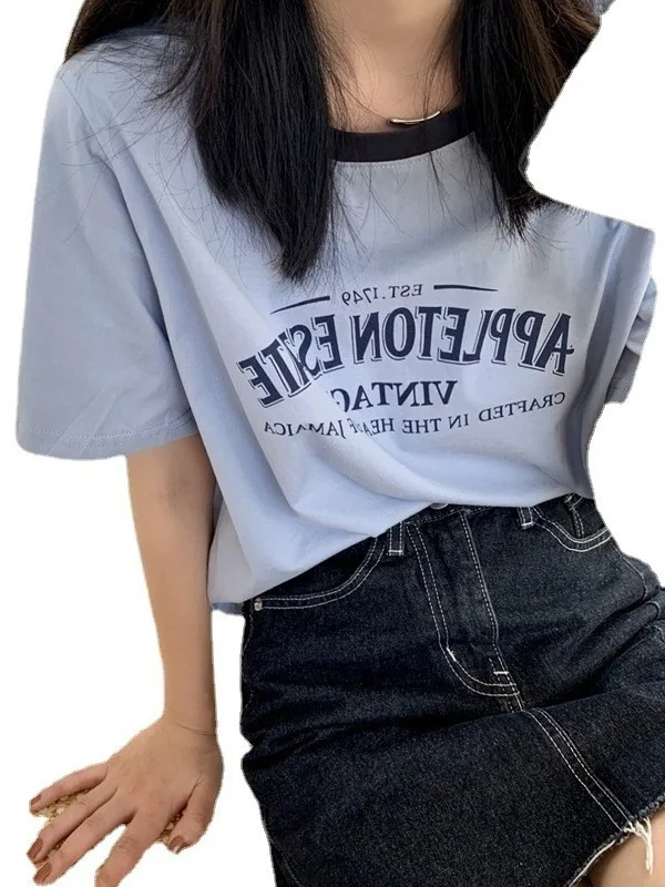 Summer American Style Letter Print Loose Short Student Top Women's Cleanfit Cotton T-shirt Citywalk Breathable round Neck Sho...