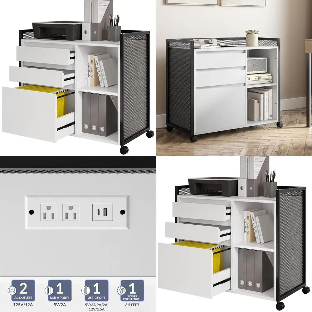 

Белый передвижной стол с 3 ящиками, USB-разъемами, подставкой для принтера и 2-уровневыми полками для домашнего офиса