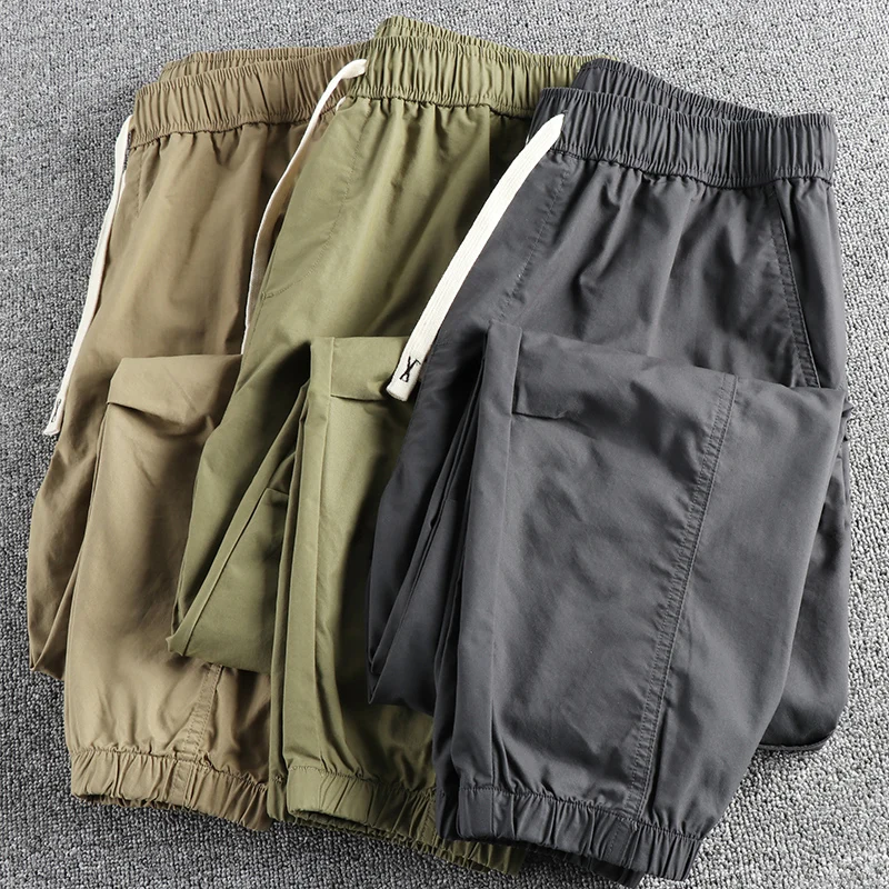 

Spring And Summer New American Retro Woven Twill Elastic Waist Cargo Pants Men's Washed Loose Straight Casual Trousers