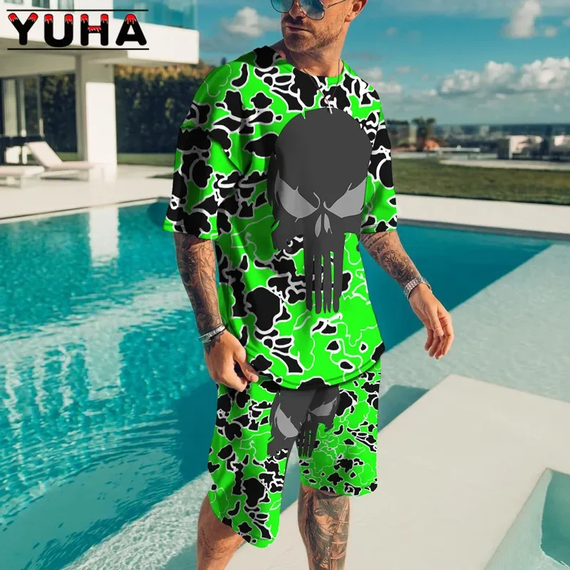 Men's T-shirt and Shorts Set, Casual Sportswear with Scary 3D Skeleton Print, 2-piece Suit, Summer