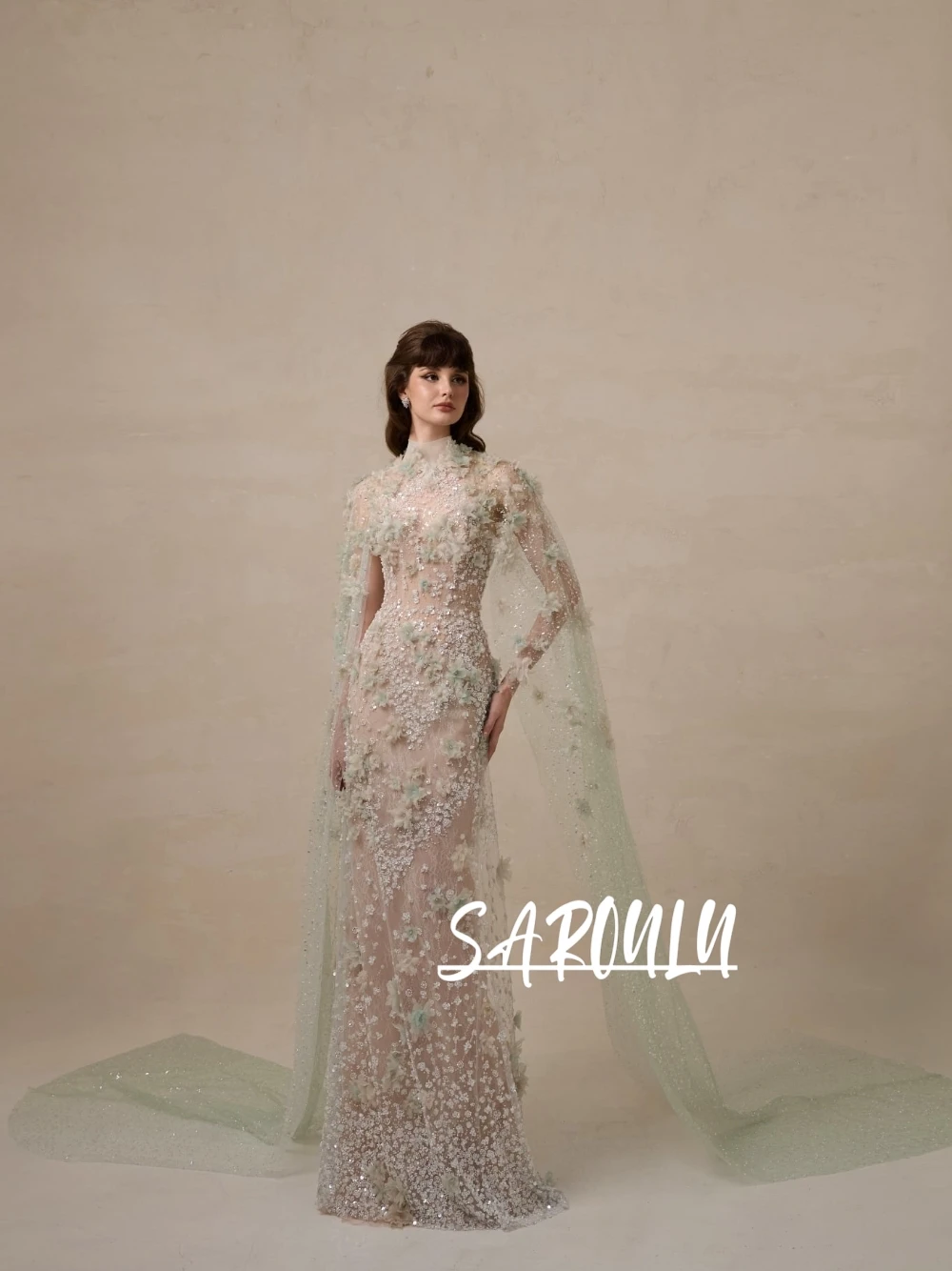 

New Mint Green Mermaid Evening Dress With Cape 3D Flowers Beaded High Neck Customized Prom Gown Sparkling Elegant Lace Wear