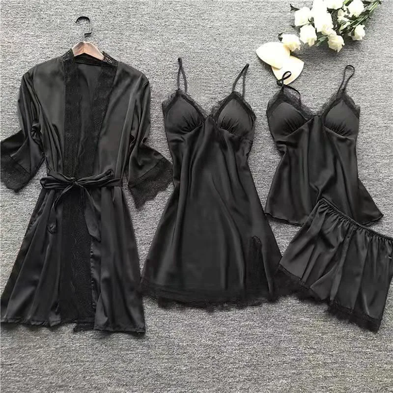 4PCS Women\'s Sleep Robe Gown Sets Sleepwear Pajamas Set Lounge Silk Women Nightdress Lace Dress Sleep Nightwear Silk Pijama Sets