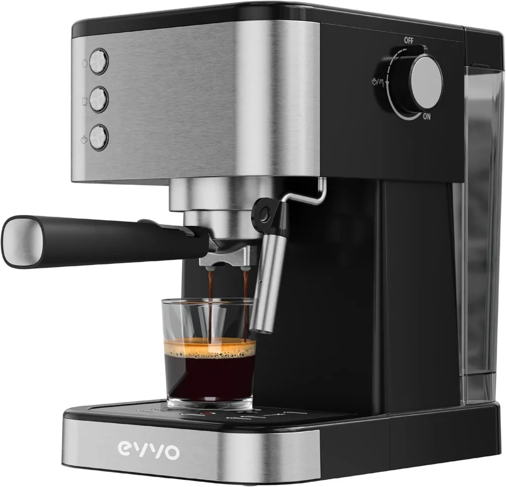 EVVO Cafetera Express Intensa, Presión de 20 bares, Cuerpo de Acero, Espressos y Capuccinos, 1350W, Doble salida, Portafiltros,