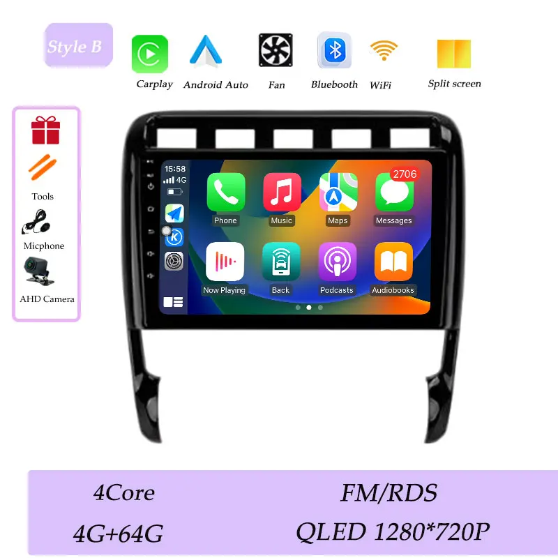 CarPlay voor Porsche Cayenne I 1 9PA 2002-2010 Autoradio Multimedia Speler GPS Navigatie Bluetooth 4G DSP Stereo QLED Scherm