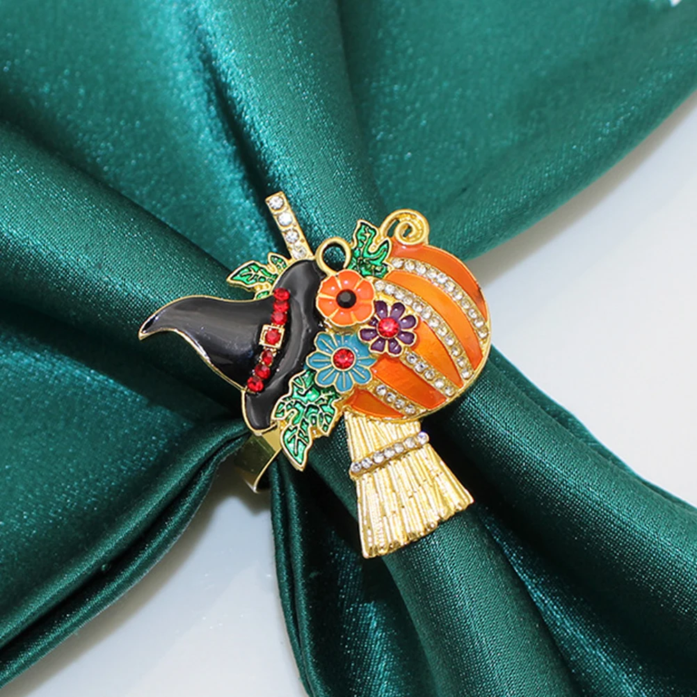 

4pcs Wizard Hat Pumpkin Broom Napkin Rings Halloween Decorative Buckles Reusable Metal Alloy Serviette Buckles Table Decoration