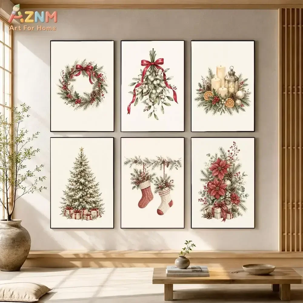 AZNM Vintage Watercolor Christmas Canvas Poster Wreath Tree Stocking Candle Bow Festive Botanical Wall Decor, Unframed Canvas Pa