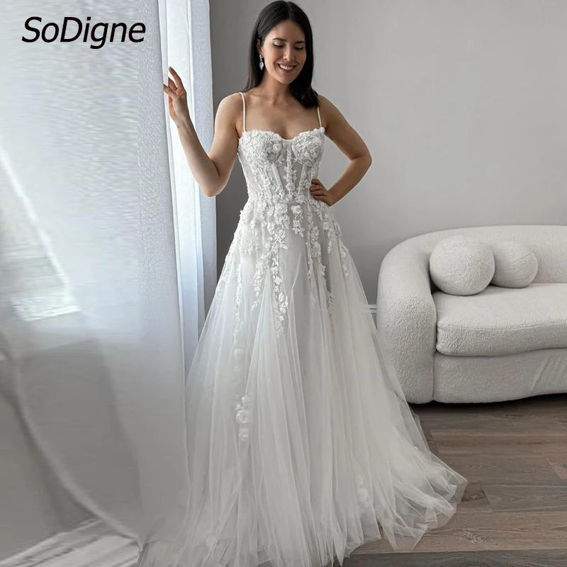 

SoDigne A-line Tulle Bride Dresses Sweetheart Sleeveless Appliques Wedding Dress Boho Long Bridal Gowns vestidos de novia 2024