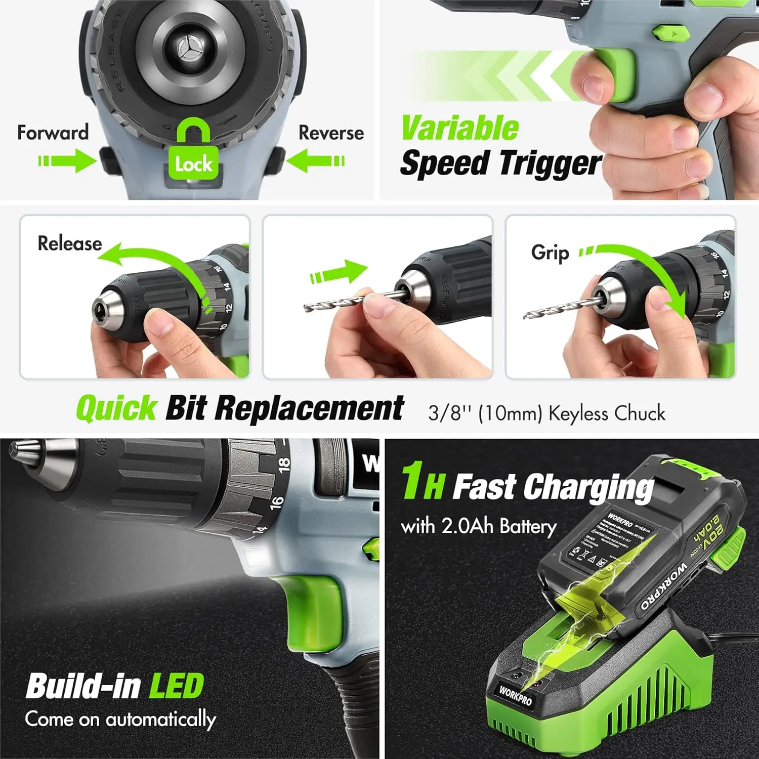 سائق مثقاب لاسلكي 20 فولت مع مجموعة أدوات مكونة من 157 قطعة، حقيبة تخزين واسعة الفم لإصلاح المنزل