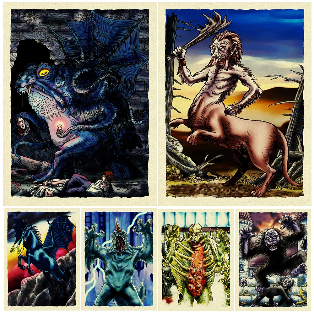 Battle Between Monsters Abstract Gothic Wall Art Canvas Painting,Mysterious Monsters Art Poster And Print Home Decor Unframed