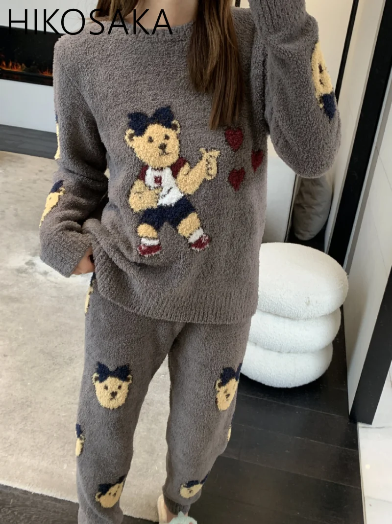 Japanese Kawaii Bear Print Soft Pajama Sets O-neck Pullover Long Sleeve Trousers Homewear Suit Autumn Winter Casual Sleepwear