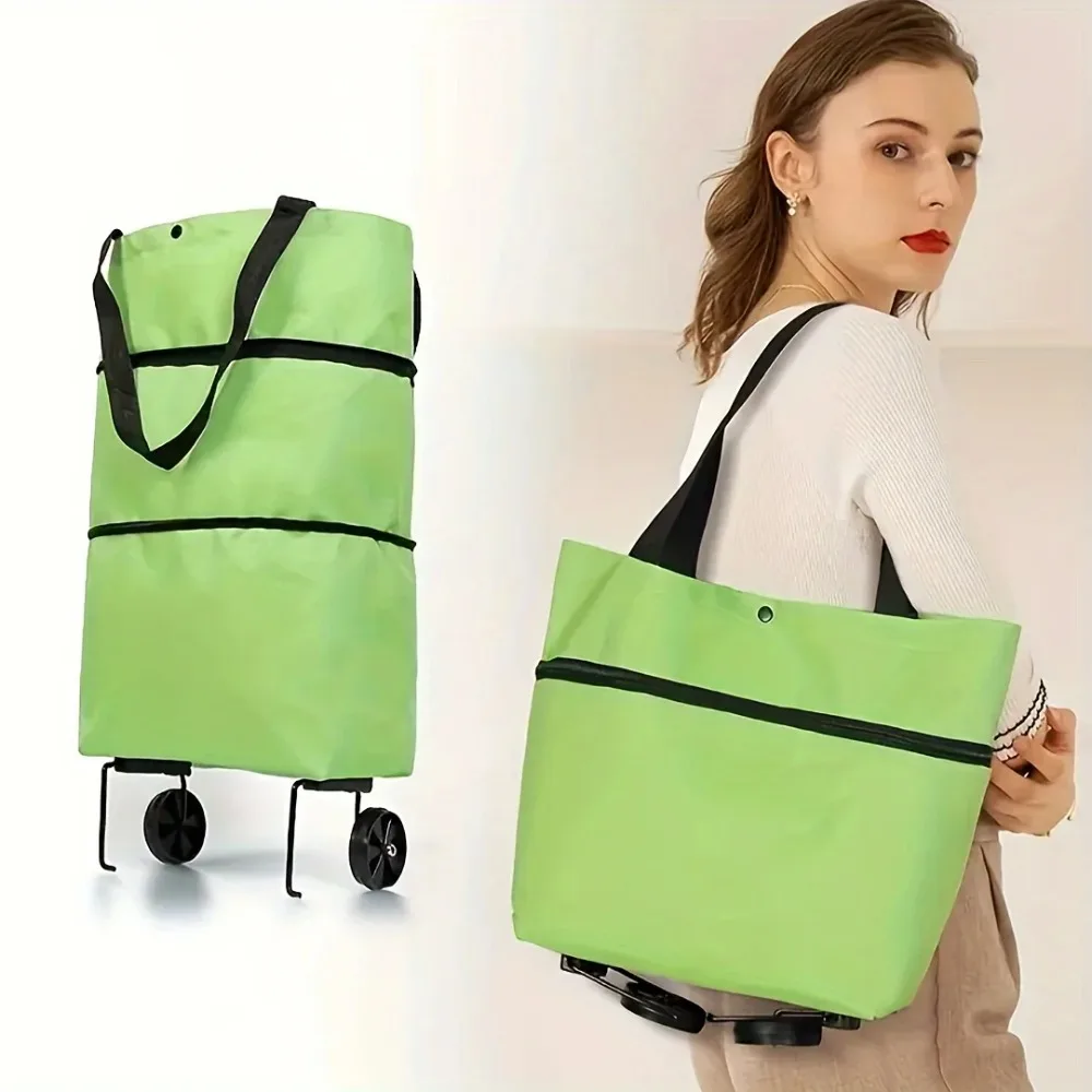 2 in 1 Foldable Shopping Bag with Wheel Oxford Cloth Large Capacity Grocery Bag Waterproof Lightweight Shopping Cart Supermarket