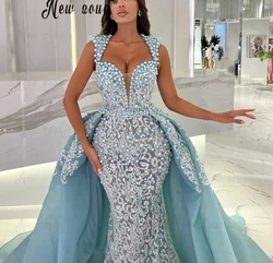 2 Pieces Embroidery Blue Evening Dresses With Detachable Train Lace Wedding Party Gowns for Women Vestidos Novias Boda Africa