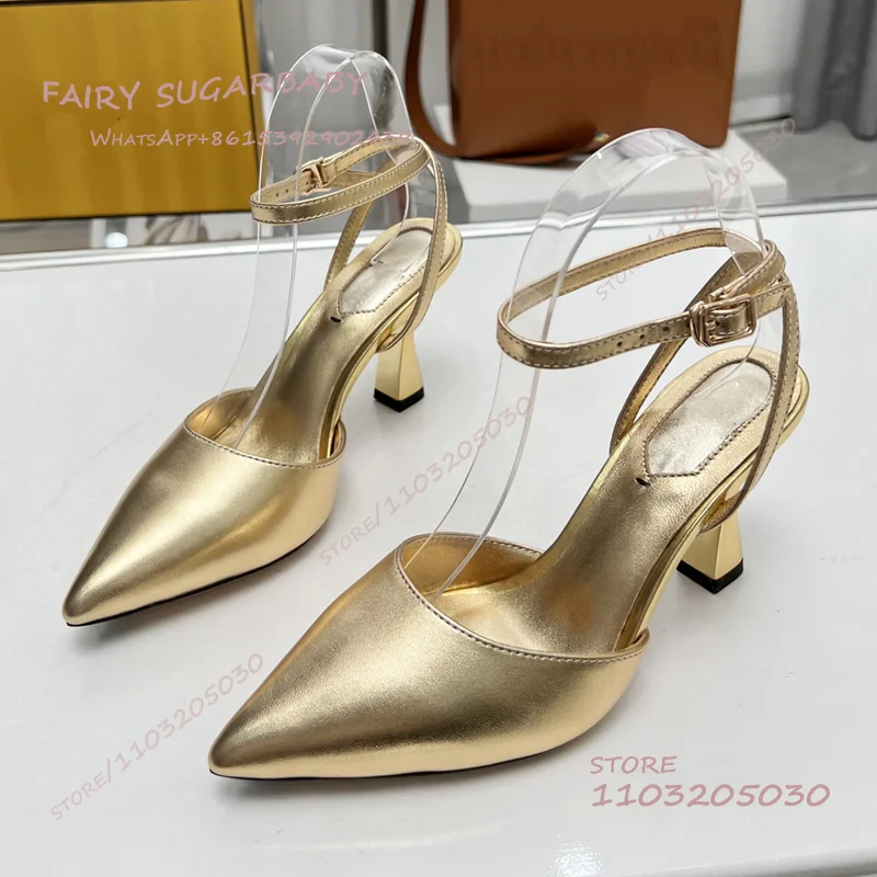 Gold Patent Leather Stiletto Sandal Women Simple Fashion Pointed Buckle Kitte Heel White Leather Silver Cover Bling Concise Shoe