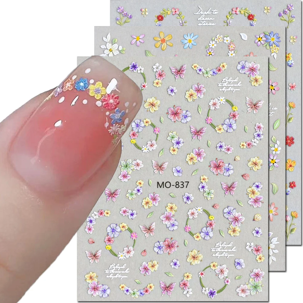 3pcs 5D Embossed Nail Art Decals Little Florals Wreaths French Tips Dry Petals Flowers Nails Art Stickers Nails Art Decorations