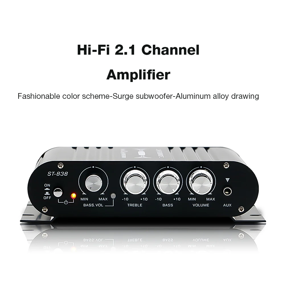 

ST-838 HiFi 2.1 Channel Power Amplifier Bass and Treble Adjustment 80W*2 Subwoofer Amplifier Audio Amplifier Mini Media Player
