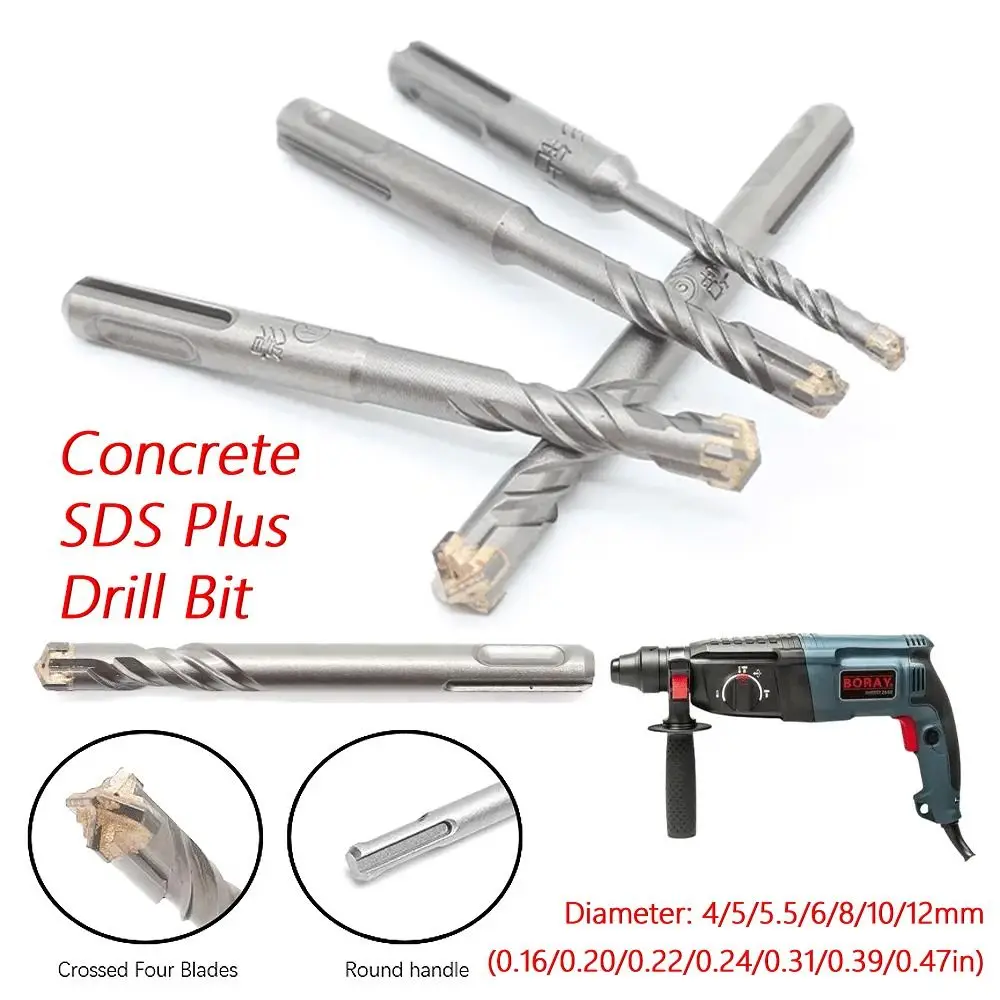 1Pcs Cross Tips Concrete SDS Plus Drill Bit 4 Cutters Round Shank Impact Drills 4/5/5.5/6/8/10/12mm Electric Hammer Drill Bit