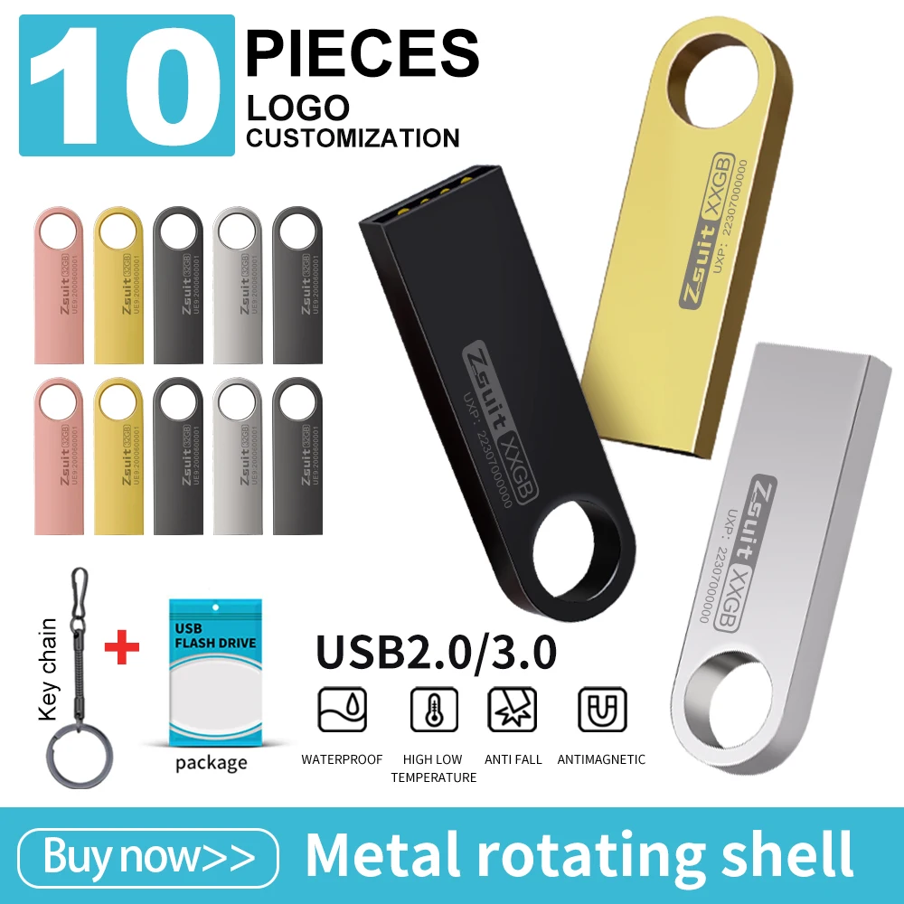 10Pcs/Lot Metal Usb Flash Drive 4G 16GB Pen Drives 3.0/2.0 Memoria Usb 64G Free Custom Logo Flash Memory Disk Free Shipp U Disk