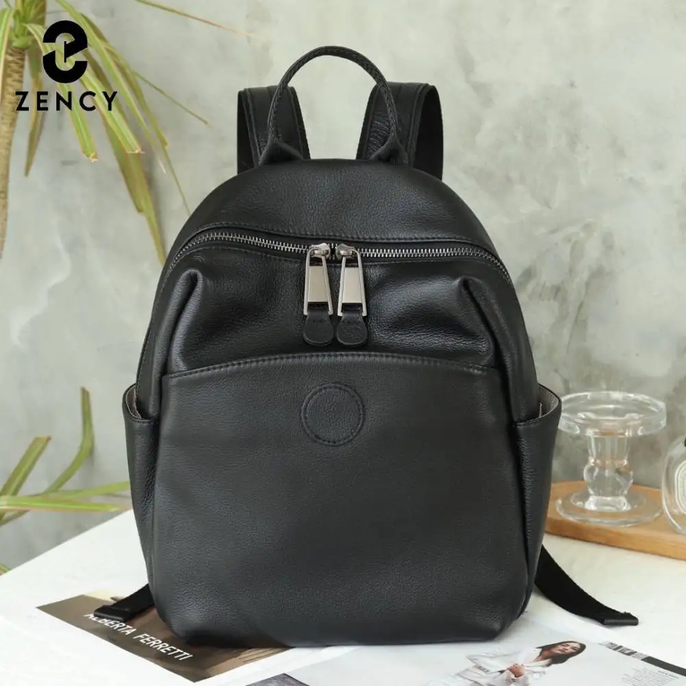 Zency Black Genuine Leather Women's Backpack Knapsack Multi-pockets Convertible Shoulder Bag Purse for Daily Use College Preppy