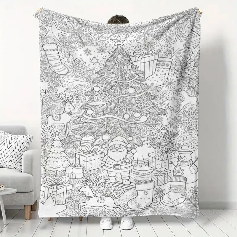 1pc Hand‑Drawn Panoramic Christmas‑Print Throw Blanket, Sofa Decor, Skin‑Friendly DIY Coloring Holiday Home Gift