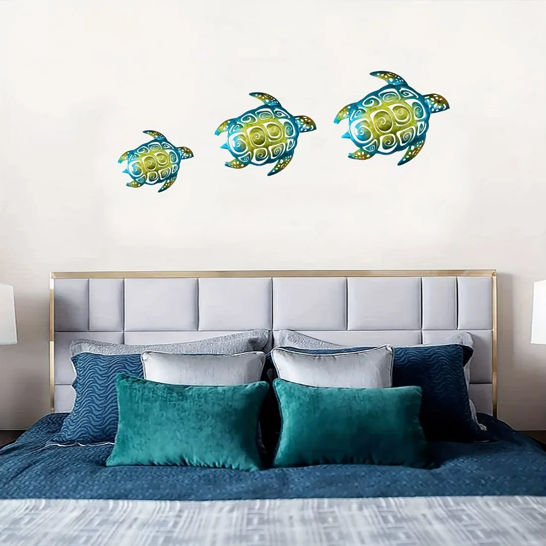CIFBUY 3Pcs Set Iron Sea Turtle Beach Themed Wall Hanging Sculpture,2D Flat Print Rustic Coastal Wall Art for Bathroom view 2