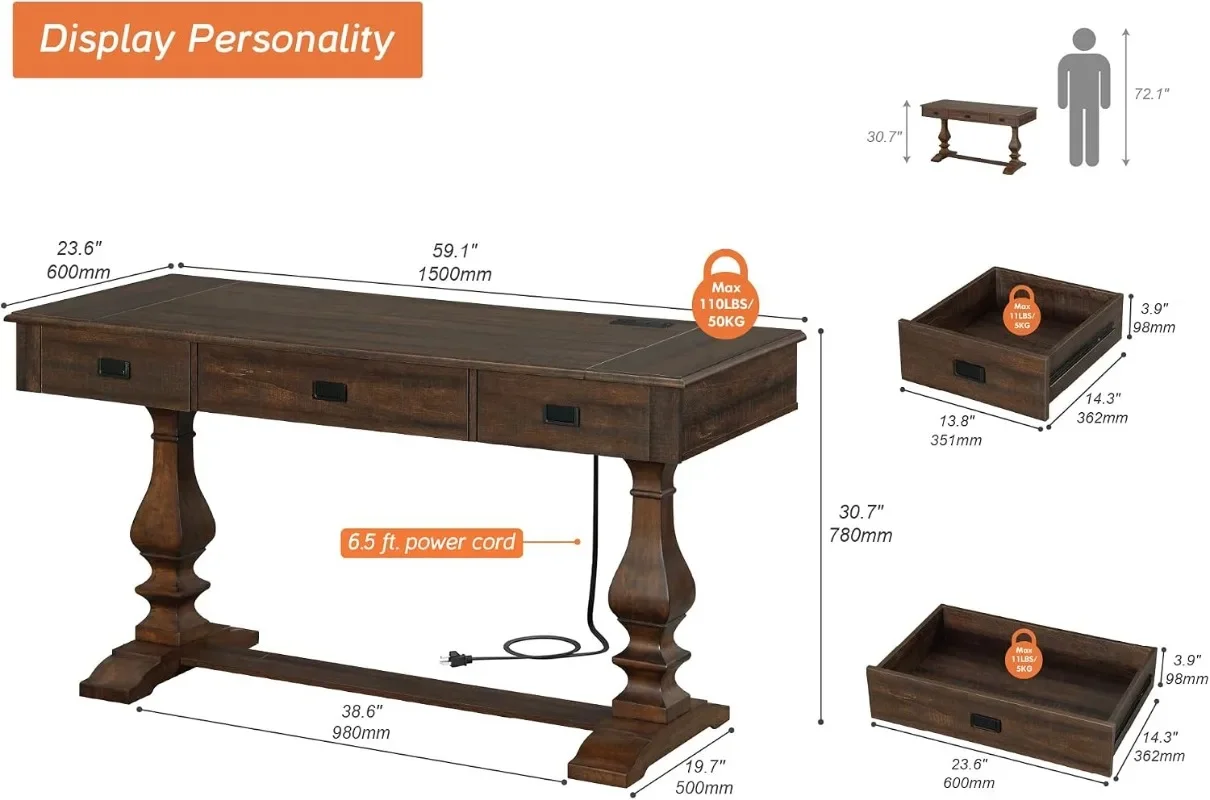 WAMPAT 60-inch Vintage Wood Home Office Desk Featuring T-Style Solid Wood Legs with Anti-Slip Tips,3 Deep Drawers and Ergonomic